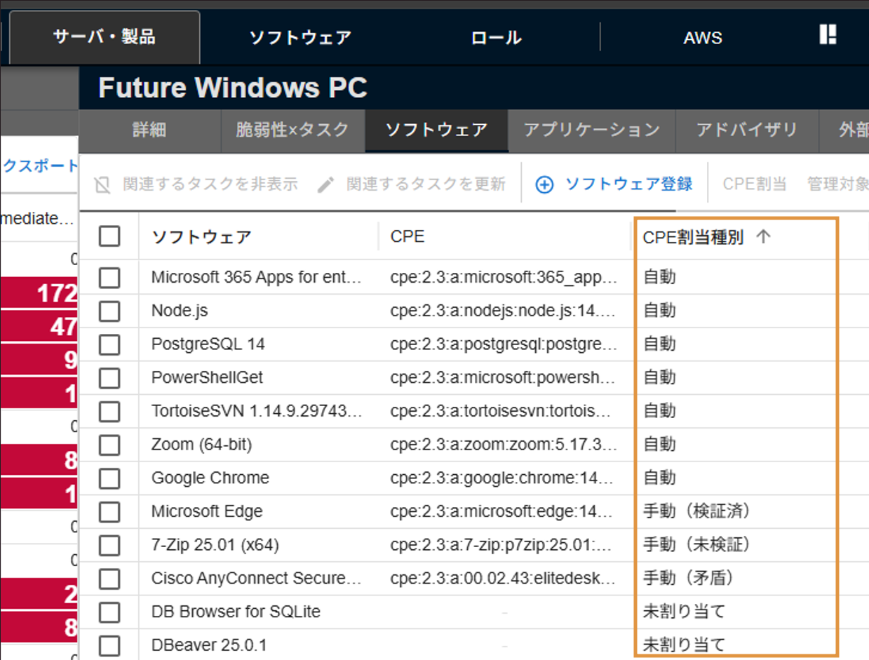 ソフトウェア一覧のCPE割当種別